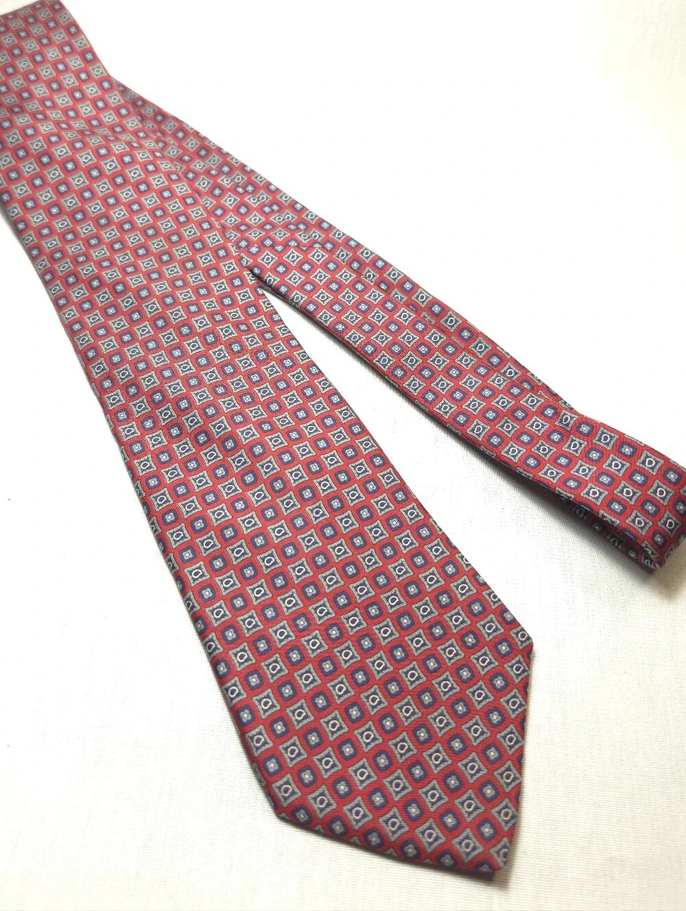Vintage Giacomo Red Tie with Blue and White Geometric Squares
